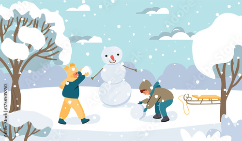 Winter season  illustration with kids, snowmen, snow-covered trees, clouds, snowfall, sleigh. Cute children are having fun playing with snow. Blue, yellow, brown colors. Vector landscape in flat. 