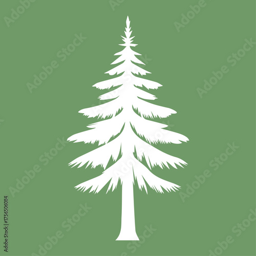 Fir tree white element on green background, evergreen pine flat silhouette. Vector illustration.
