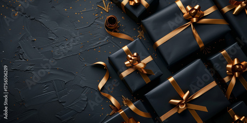 black friday gift boxes with golden ribbons