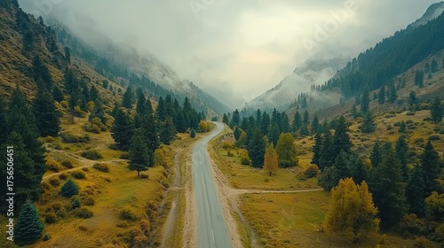 Scenic Mountain Road Winding Through Autumn Forest with Foggy Peaks.