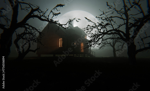Spooky haunted house at night with glowing windows, bare trees, and a full moon shining through the fog, creating a mysterious Halloween atmosphere. Happy Halloween wallpaper, creative idea