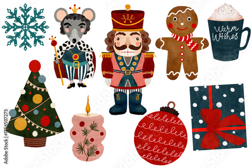 Fotografía Cute Christmas clipart set with Nutcracker, Mouse King, gingerbread man, gift, cocoa mug, christmas tree, candle, snowflake and bauble