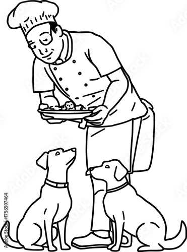 Chef sharing food with adorable dogs,  creating heart-warming moment,  culinary kindness,  pets,  delightful companionship,  chef life,  line art illustration. Adobe Illustrator Artwork