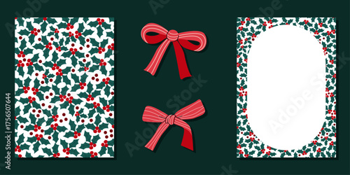 Holly pattern, Christmas card template, red bow and ribbons. Universal modern background, frame with space for text, corporate greeting.