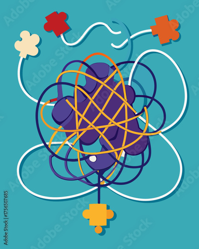 A puzzle of broken pieces linked together by tangled strings symbolizing the difficulty of piecing together ones thoughts.. Vector illustration