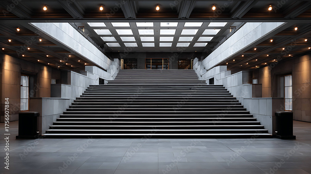 Fototapeta premium Architectural symmetry of staircase, modern clean lines, minimalist style