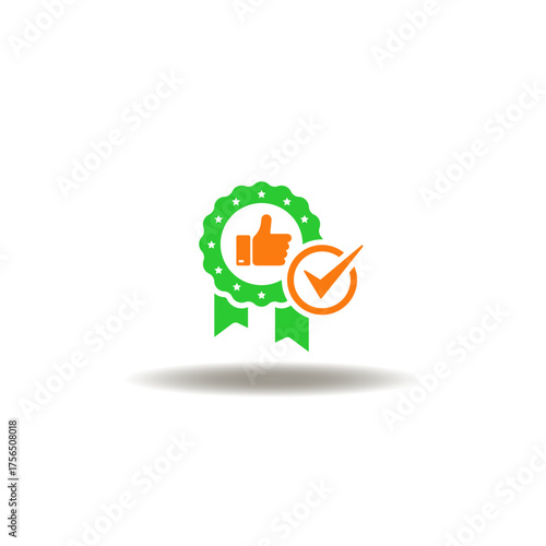 Vector illustration of award or seal with thumb up and check mark. Symbol of best practice.