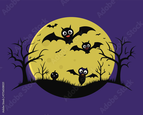 Bats Flying Over Haunted Forest Halloween Art | Cartoon Style Bats Flying Over Spooky Forest
