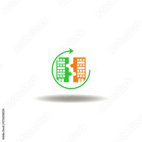 Vector illustration of two skyscrapers puzzle pieces merging and round arrow. Symbol of mergers and acquisitions.