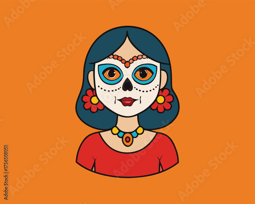 Day Of The Dead Face Makeup Woman Portrait | Cartoon Style Sugar Skull Woman Illustration