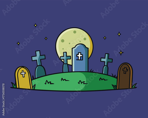 Graveyard Night Background Halloween Scene | Cartoon Style Cemetery Night Illustration
