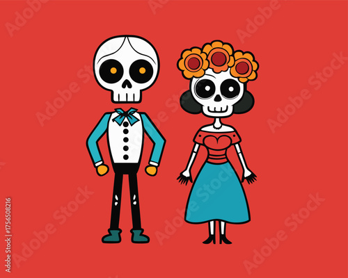 Day Of The Dead Skeleton Couple Illustration | Cartoon Style Skeleton Couple Celebration
