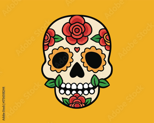 Mexican Skull With Roses Day Of The Dead Art | Cartoon Style Floral Sugar Skull Illustration