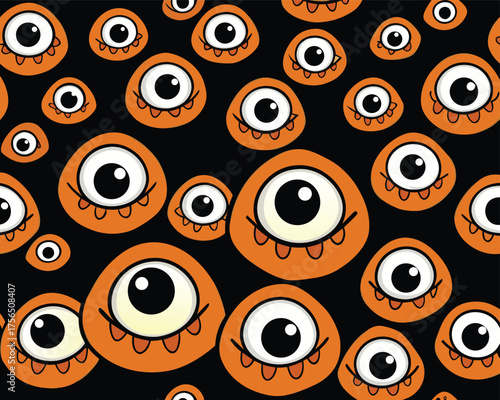 Scary Eyes Pattern On Black Background Design | Cartoon Style Monster Eyes Pattern Art