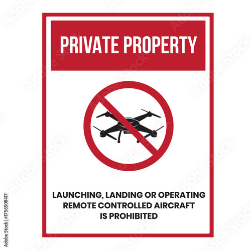 Vector art of private property launching landing or operating remote controlled aircraft is prohibited sign this sign indicates that the use of drones is not allowed