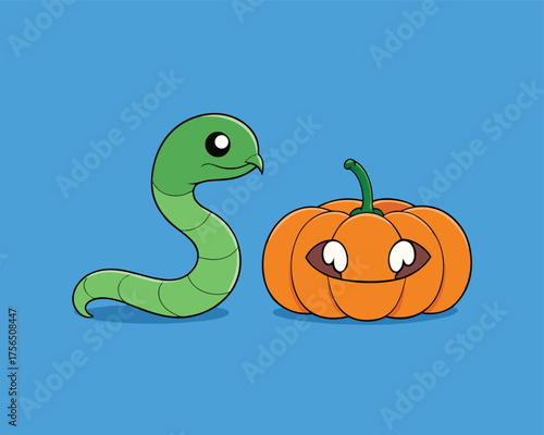 Snake Crawling Near Pumpkin Spooky Scene | Cartoon Style Snake And Pumpkin Illustration