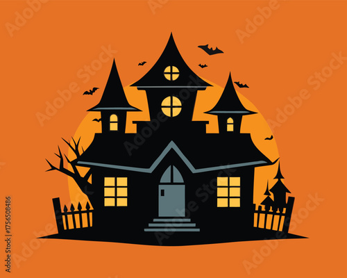 Spooky House Silhouette Wallpaper Design | Cartoon Style Haunted House Illustration