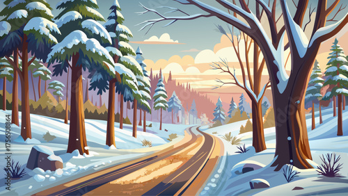 Very beautiful snowy dirt road in Tuscaloosa, Alabama, USA, featuring a rare Southern snow-covered landscape, winding through trees, evoking the peaceful concept of winter travel and scenic snowy driv