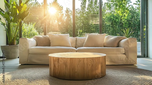 Modern Living Room with Natural Light and Lush Greenery.