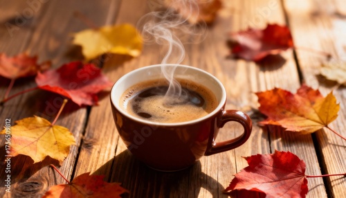 Cup of hot coffee with steam rising, autumn leaves around, cozy warm atmosphere, wooden table background