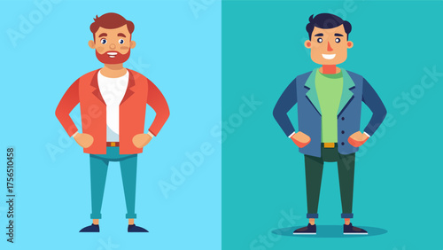 A before and after photo comparison with the after picture showing the man standing tall and proud no longer hiding behind oversized clothing.. Vector illustration