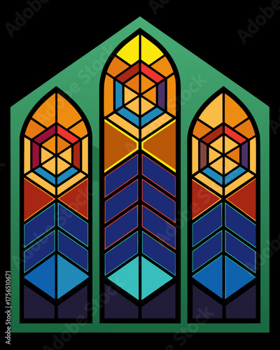 A series of intricate stained glass windows made from individual solar cells showcasing a variety of intricate patterns and colors.. Vector illustration
