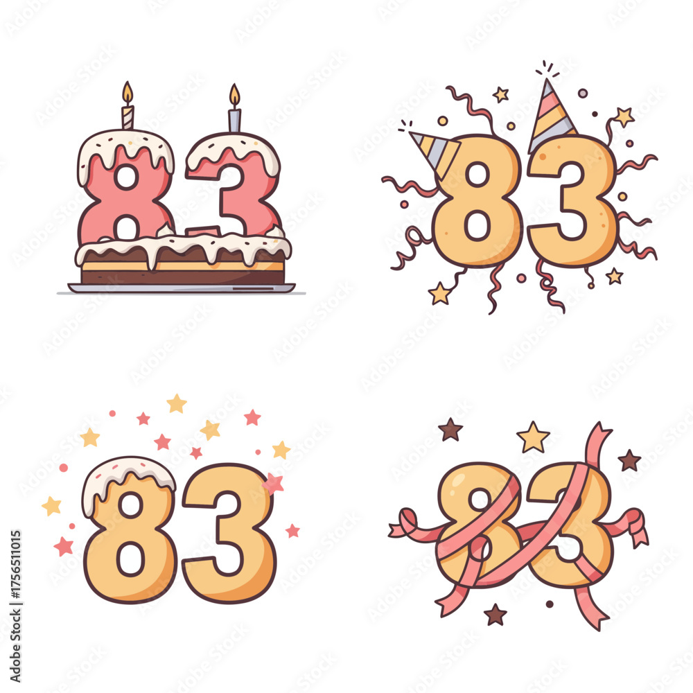 Fototapeta premium Vibrant 83rd birthday cake and number balloons with confetti explosion illustration