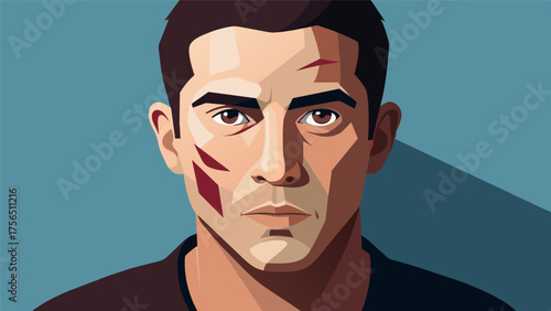A closeup shot of a man with a noticeable scar on his cheek proudly displaying it without any filters or makeup.. Vector illustration