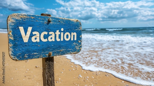 Weathered blue Vacation sign on a sandy beach with ocean waves and a cloudy sky.