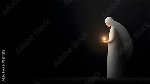 Angel figure holding bright light. Conception of hope and guidance. Religious art for Christmas holiday and spiritual reflection.