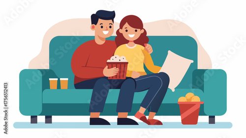 A couple cuddles on the couch watching a movie and indulging in their favorite treats both feeling comfortable and loved in their own skin – a testament to the strength of their. Vector illustration