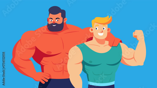 A bodybuilder with bulging muscles standing next to a lean and toned man with his arm around him both men proudly showing off their unique physiques.. Vector illustration