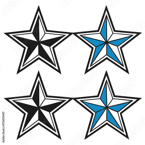 Geometric star shapes in black and blue on white graphic