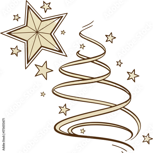 Christmas Tree Swirl with Stars on Black Background
