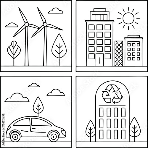 Collage of Four Outline Icons for Sustainability and Urban Life
