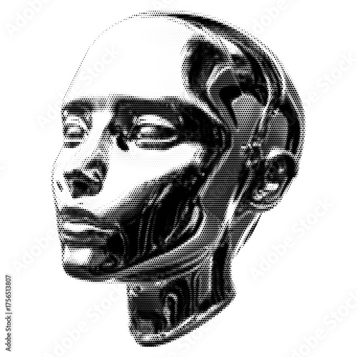 Robot Face vintage y2k halftone art, robot face halftone stipple brutalist retro vector png with transparent background, bloom 2000s aesthetic photocopy effect tattoo