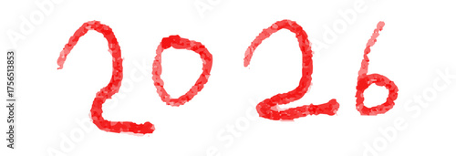 2026 Handwritten new year vector crayon illustration. festive seasonal elements in hand drawn naive colored pencil style isolated on white.