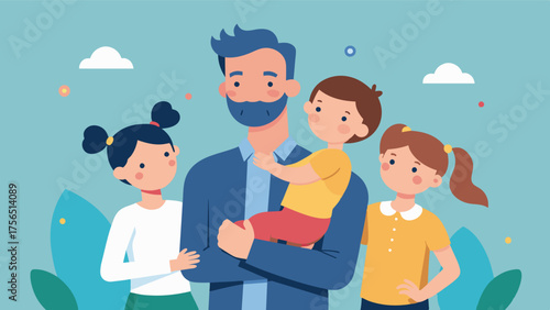 A commercial showcasing a father who prioritizes spending quality time with his family and is portrayed as a nurturing and loving caregiver.. Vector illustration