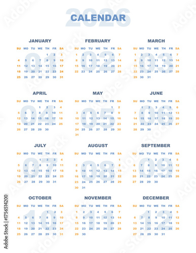 2026 Year Calendar Template Vertical single page letter Format bold modern design. English planner week start Sunday