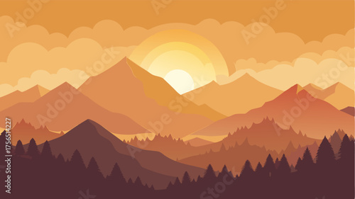 A hazy sunrise casting a golden glow over the mountains the gentle mist adding a touch of magic to the scene.