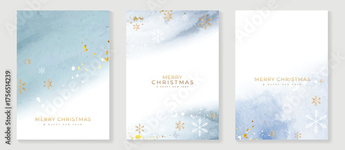 Elegant luxury watercolor winter art background vector illustration with gold snowflakes and Christmas floral decoration card