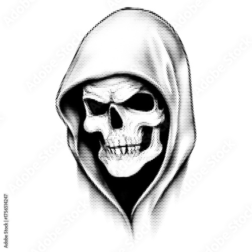 Hooded skull vintage y2k halftone art, dark gothic stipple brutalist retro vector png with transparent background, eerie 2000s aesthetic photocopy effect tattoo
