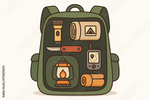 Cartoon backpack cutaway with camping gear on white background
