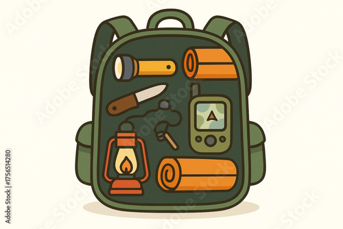 Cartoon backpack cutaway with camping gear on white background