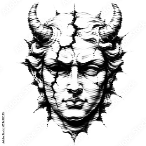 Demon Vintage Stipple Art, Gothic Horror Illustration, Brutalist Retro Vector PNG with Transparent Background, Dark Mythical Creature Tattoo Design