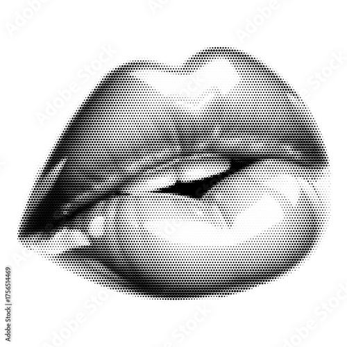 Glossy lips vintage y2k halftone art, shiny mouth stipple brutalist retro vector png with transparent background, bold 2000s aesthetic photocopy effect tattoo
