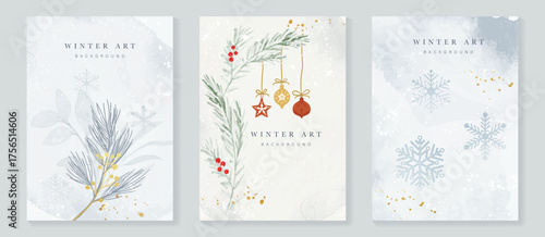 Watercolor winter art background vector illustration with snowflakes and Christmas decoration cards