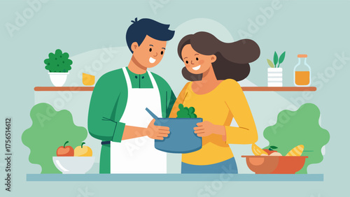 A couple cooking together in the kitchen whipping up a batch of homemade vegetable and lentil soup embracing a plantbased diet for improved health.. Vector illustration