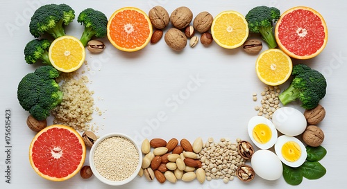 Healthy Food Frame with Citrus, Nuts, Broccoli and Grains Arrangement