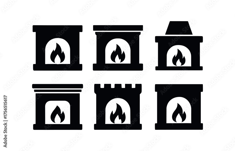 Fototapeta premium Cozy fireplaces icon set for home design and winter warmth themes